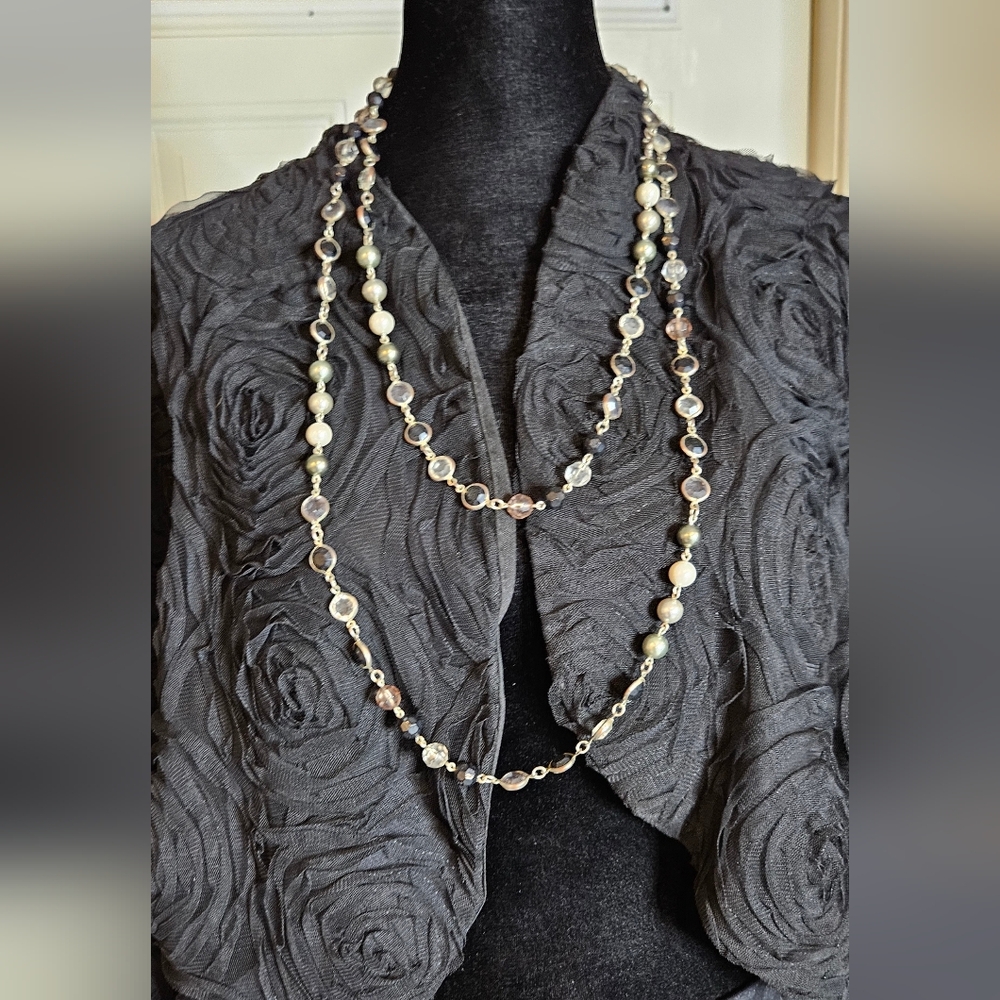 Long Multi-Strand Station Necklace - Pearl & Faceted Crystal Beads